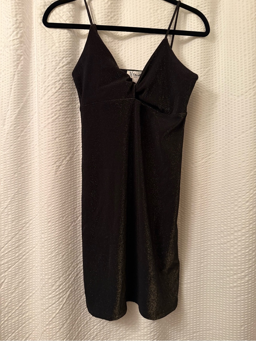 Vintage M Studio Shimmer Mini Dress Sz L Body Con Gold Black Stretch Disco Chic